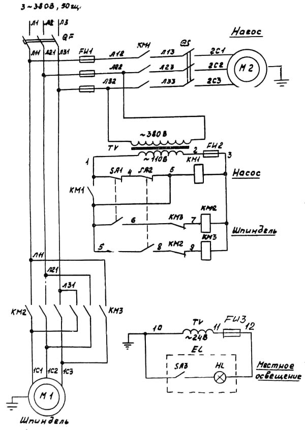 Схема електрична токарно-гвинторізного верстата 1У61